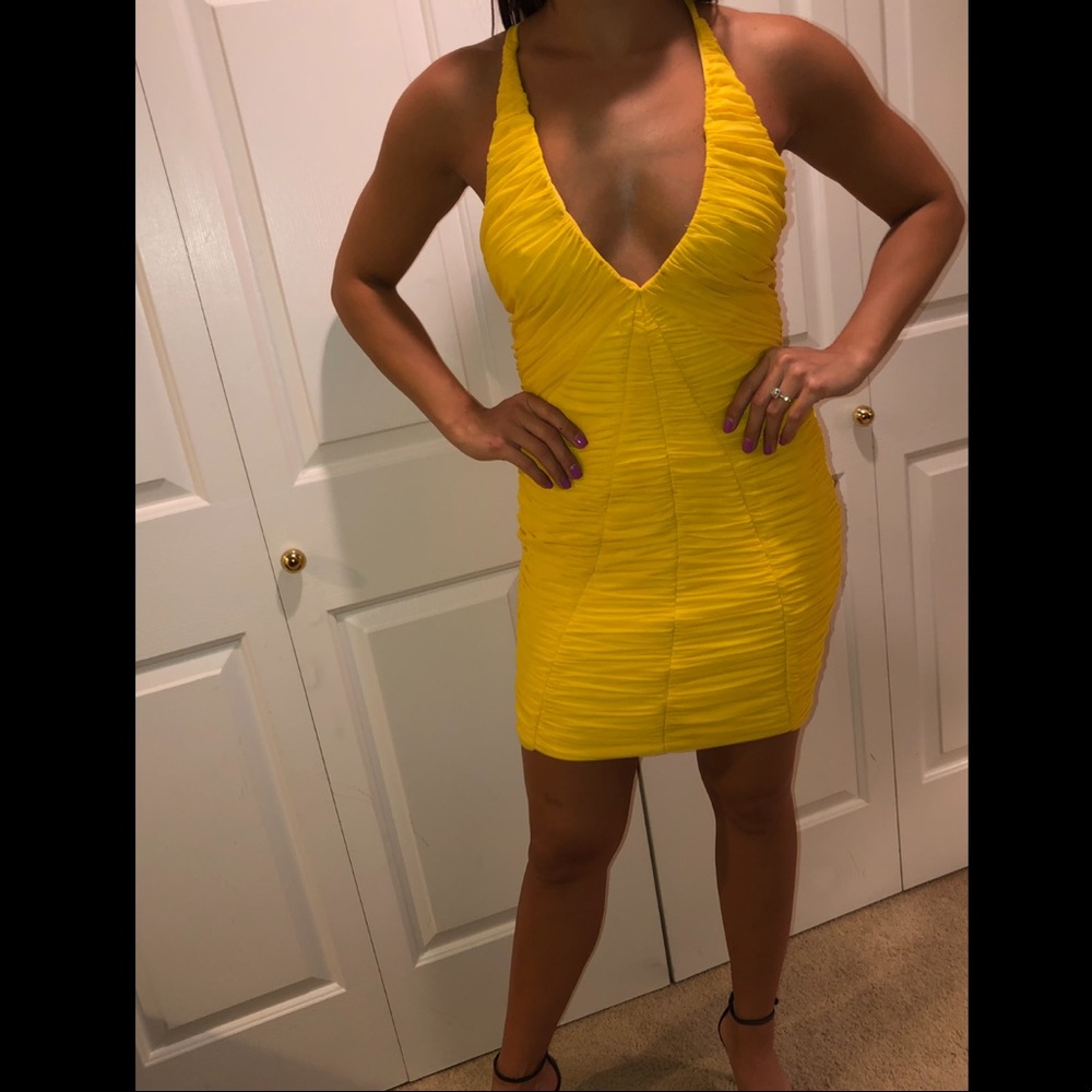 Bebe Yellow ruched mini dress